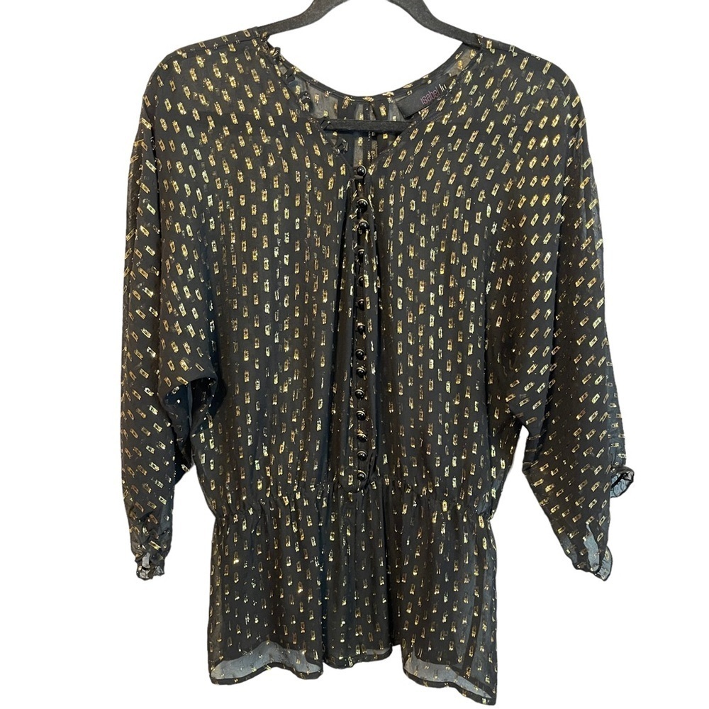Isabel Lu Silk & Metallic Blend Peplum Button Down Sheer Blouse Size Medium